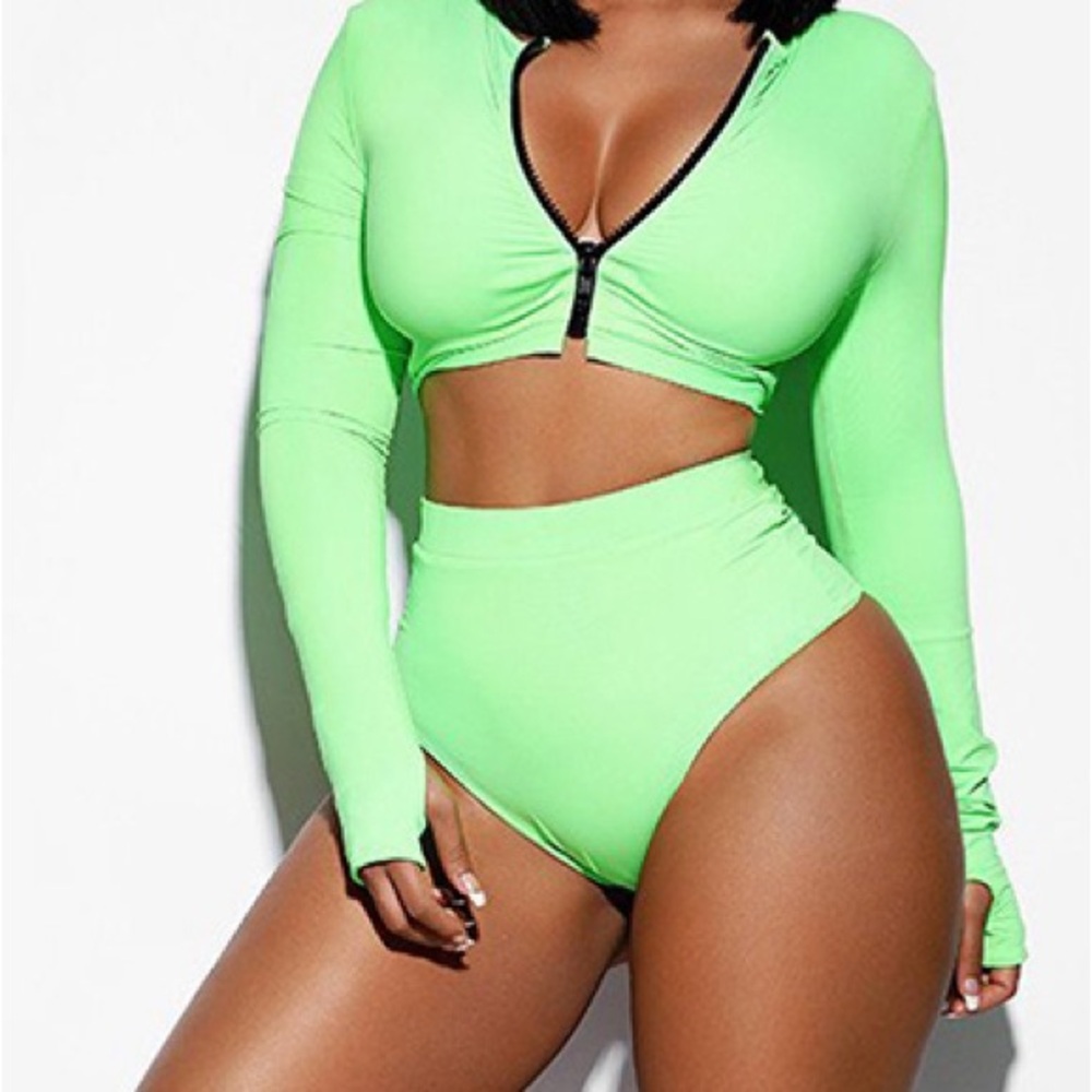 Woman 2  piece zipper  rash guard surfer swimsuit long sleeve green high waist
